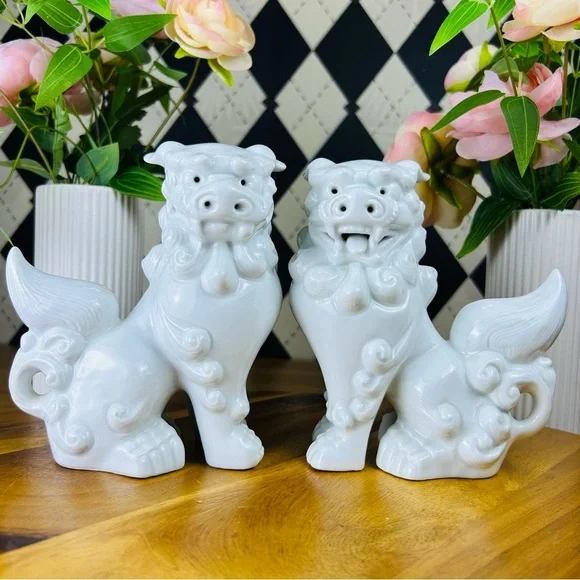 Foo Dog Pair Luxury White Set Ceramic Chinoiserie Guardians Vintage Luxury 6” - Picture 9 of 12